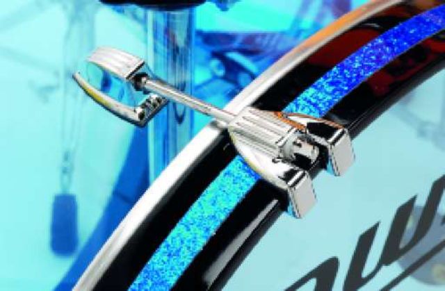 blank The bass drum has wooden hoops inlaid with blue glitter.